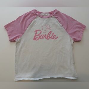 Barbie Pink Raglan Graphic Tee Medium Mattel 2023 Logo Shirt